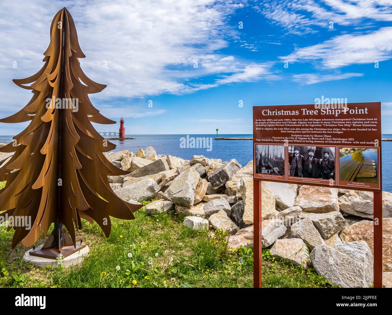 The Algoma Pierhead Lighthouse from Christmas Tree Ship Point on Lake Michigan in Algoma Wisconsin Stock Photo