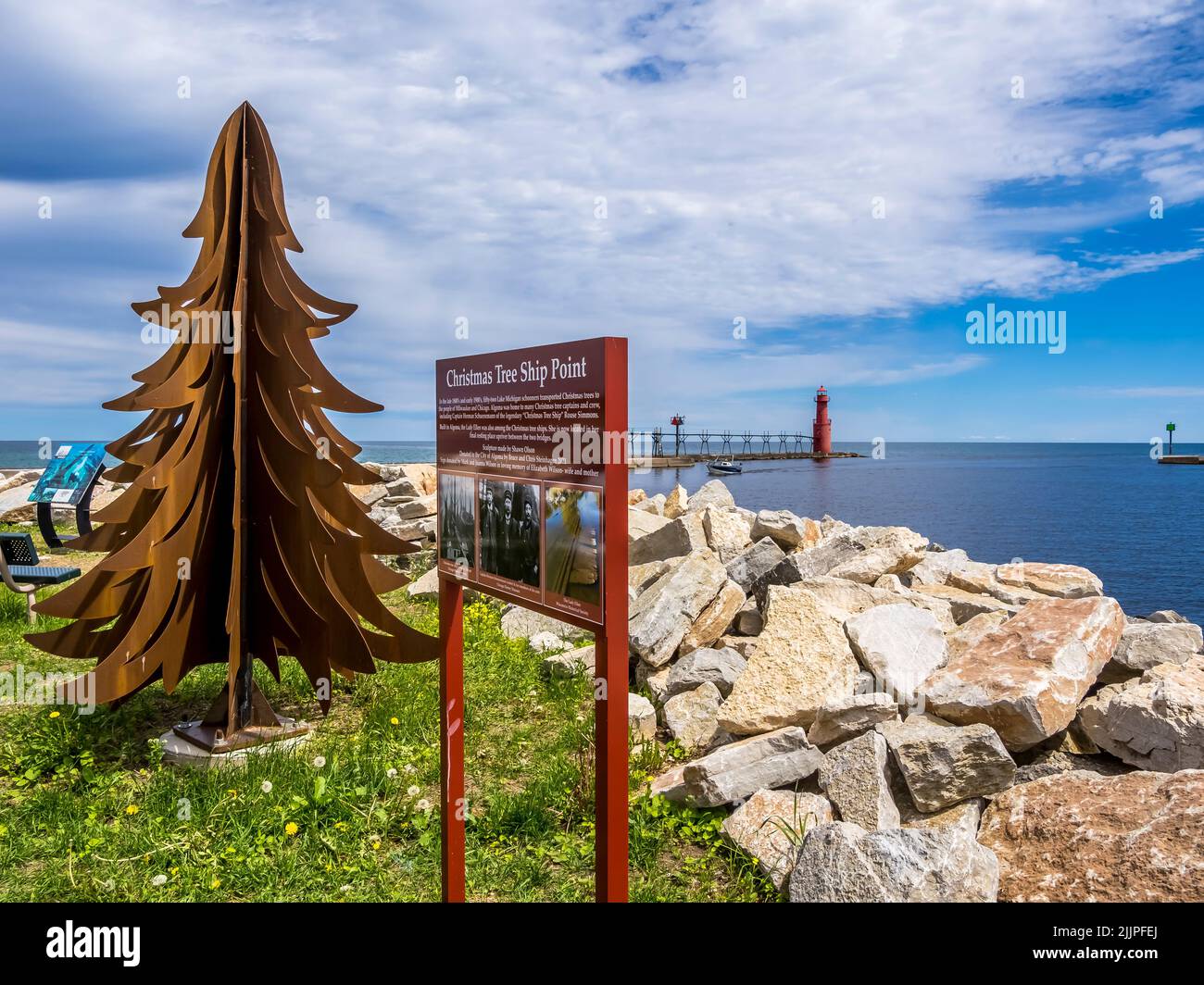 The Algoma Pierhead Lighthouse from Christmas Tree Ship Point on Lake Michigan in Algoma Wisconsin Stock Photo