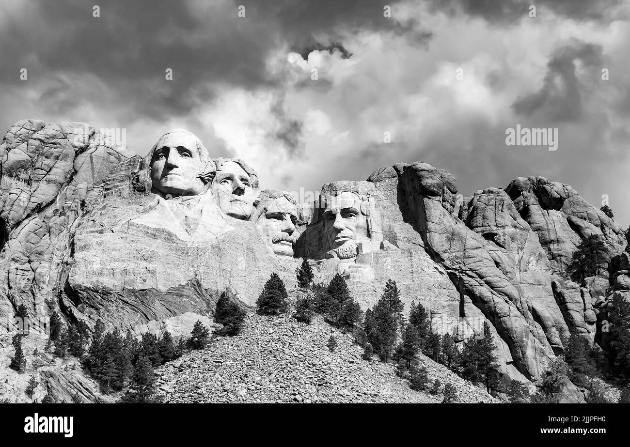 Black and white of Mount Rushmore National Memorial in the Black Hills