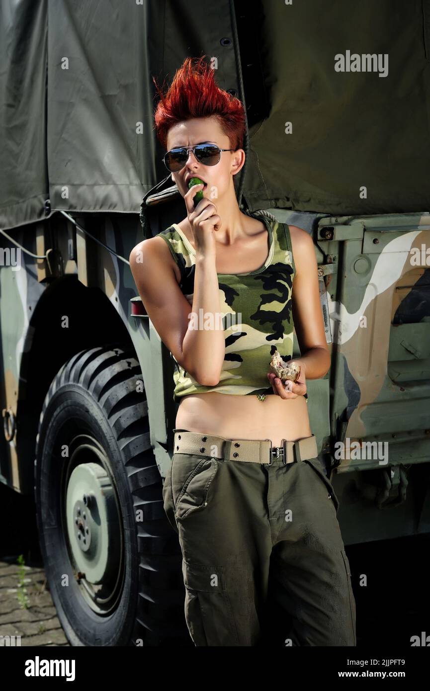 women in army, looking, military, soldier, women, young girl wearing a army style outfit, army