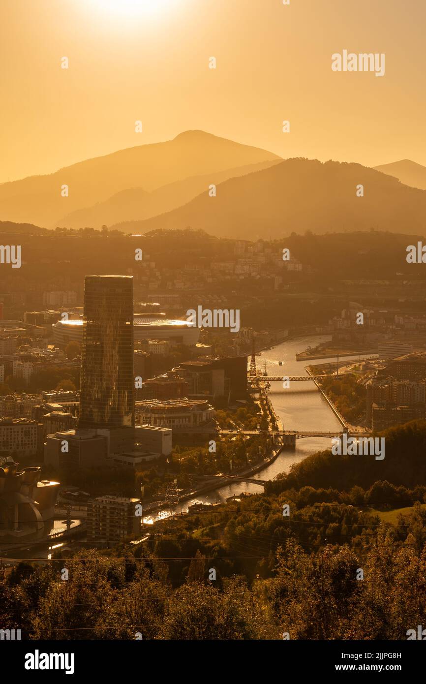 A vertical aerial view of the city of Bilbao in the Basque Country at ...