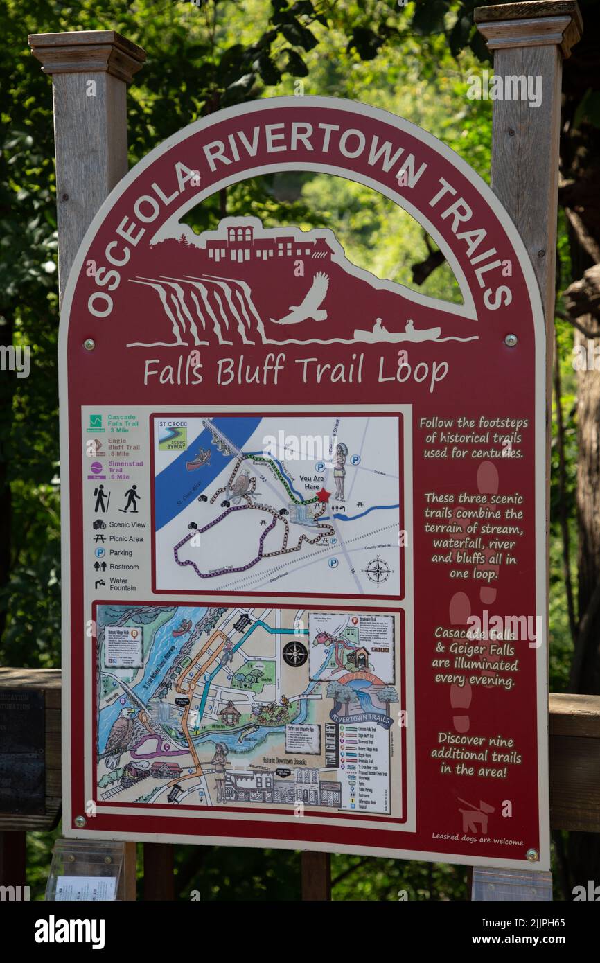 A vertical shot of the colorful trailhead map of Falls Bluff Trail Loop in Osceola Wisconsin