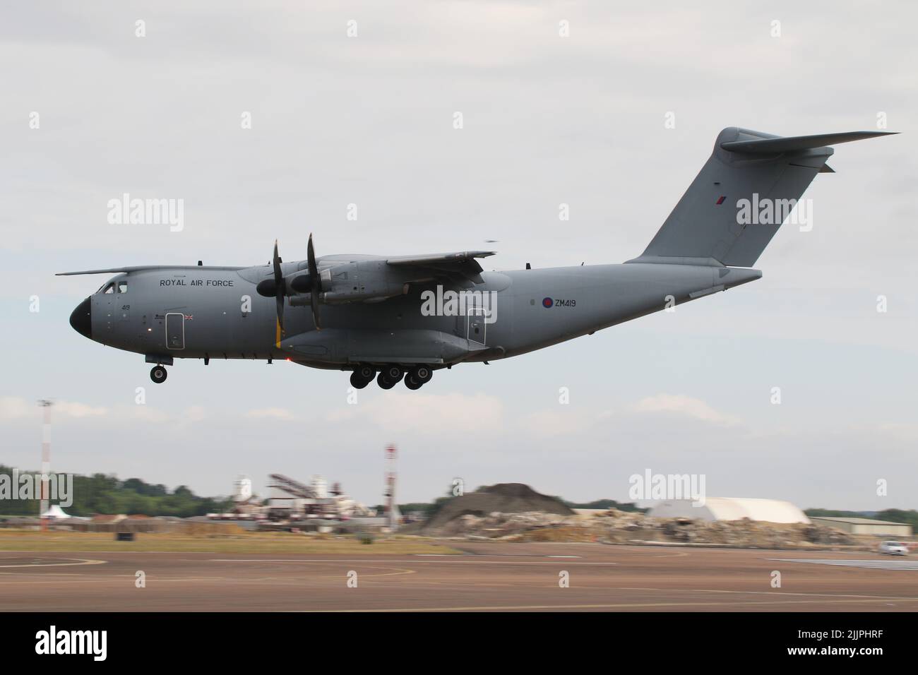 ZM419, an Airbus A400M Atlas C1 operated by the Royal Air Force, arriving at RAF Fairford in Gloucestershire, England, to participate in the Royal International Air Tattoo (RIAT) 2022. Stock Photo