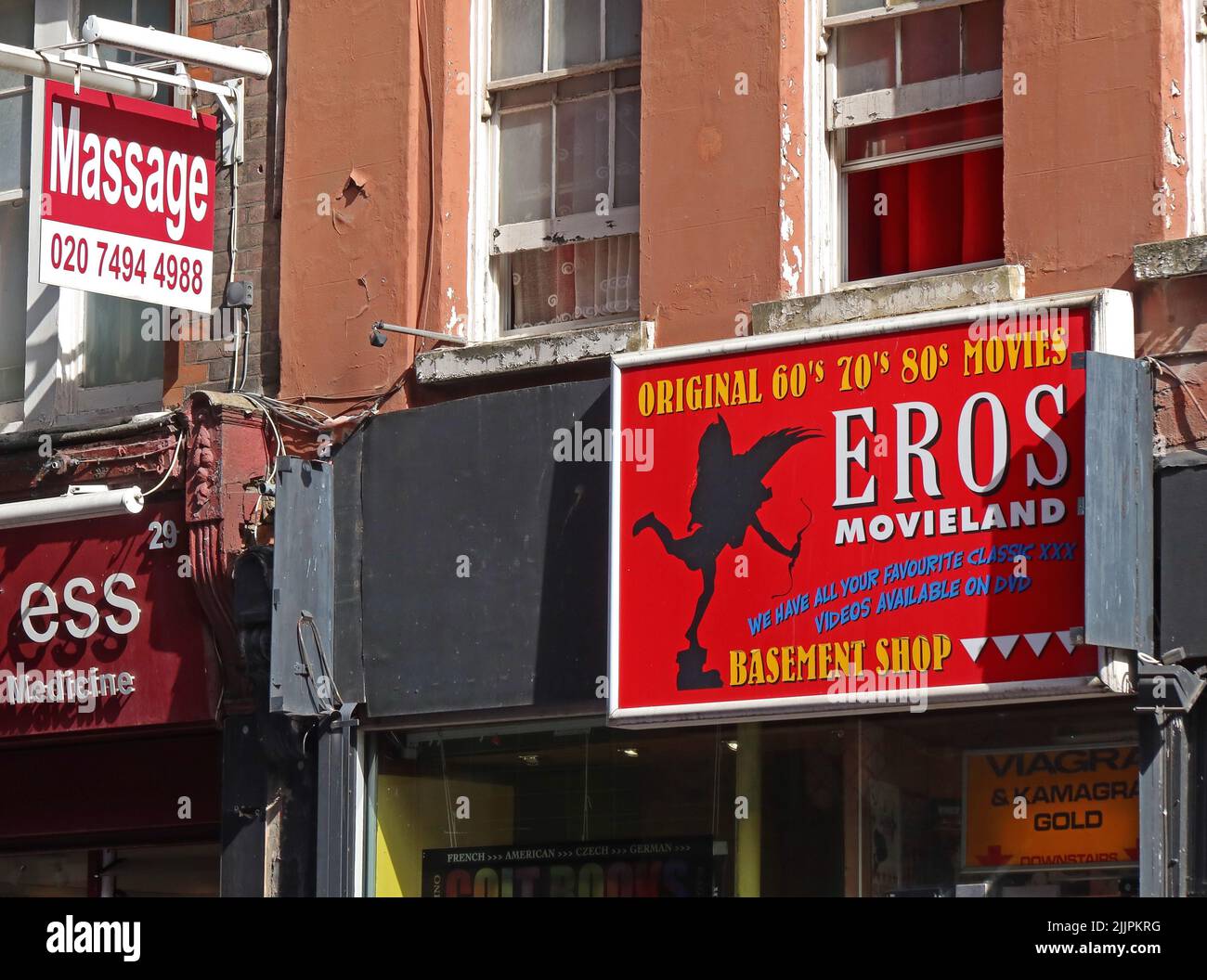 London Soho Eros Movieland - Colt books, Original 60s, 70s, 80s movies, X rated, classic XXX videos available on DVD, basement shop Stock Photo