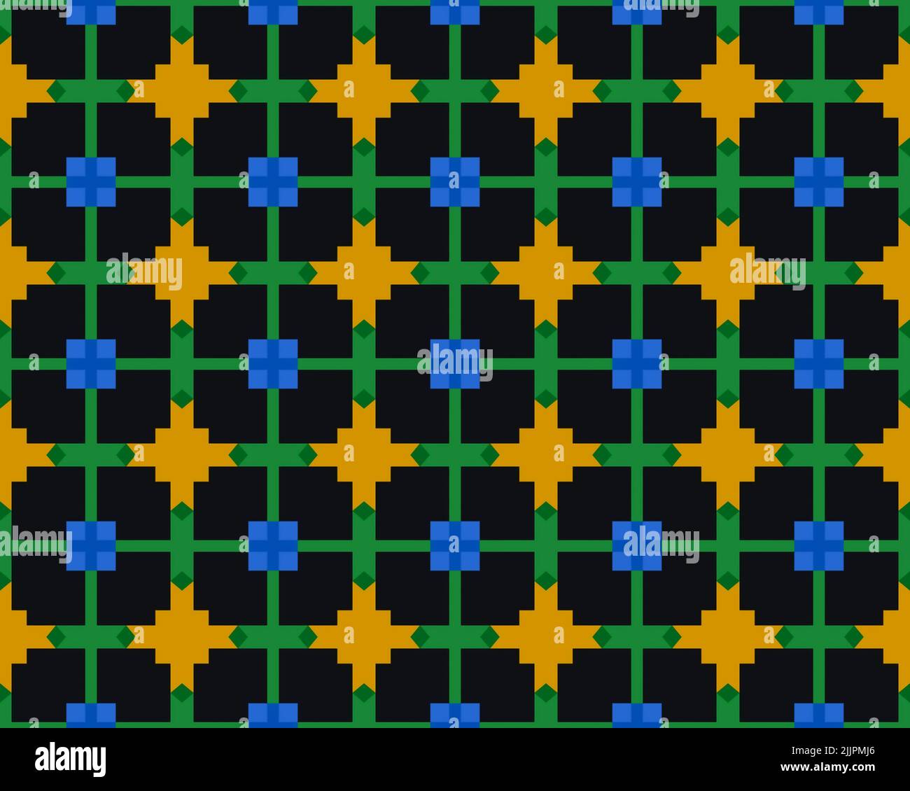 An illustration of a seamless colorful square tile pattern on a black ...