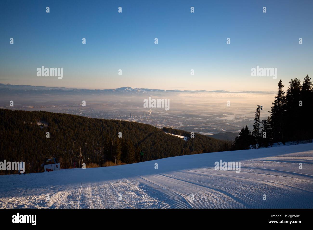 A Winter fairy forest, snowy glade, blue sky. Stock Photo