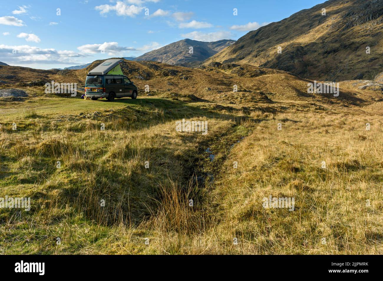 Buidhe Bheinn from near Loch an Doire Duibh, above Kinloch Hourn, Highland Region, Scotland, UK.  Mazda Bongo campervan in foreground. Stock Photo