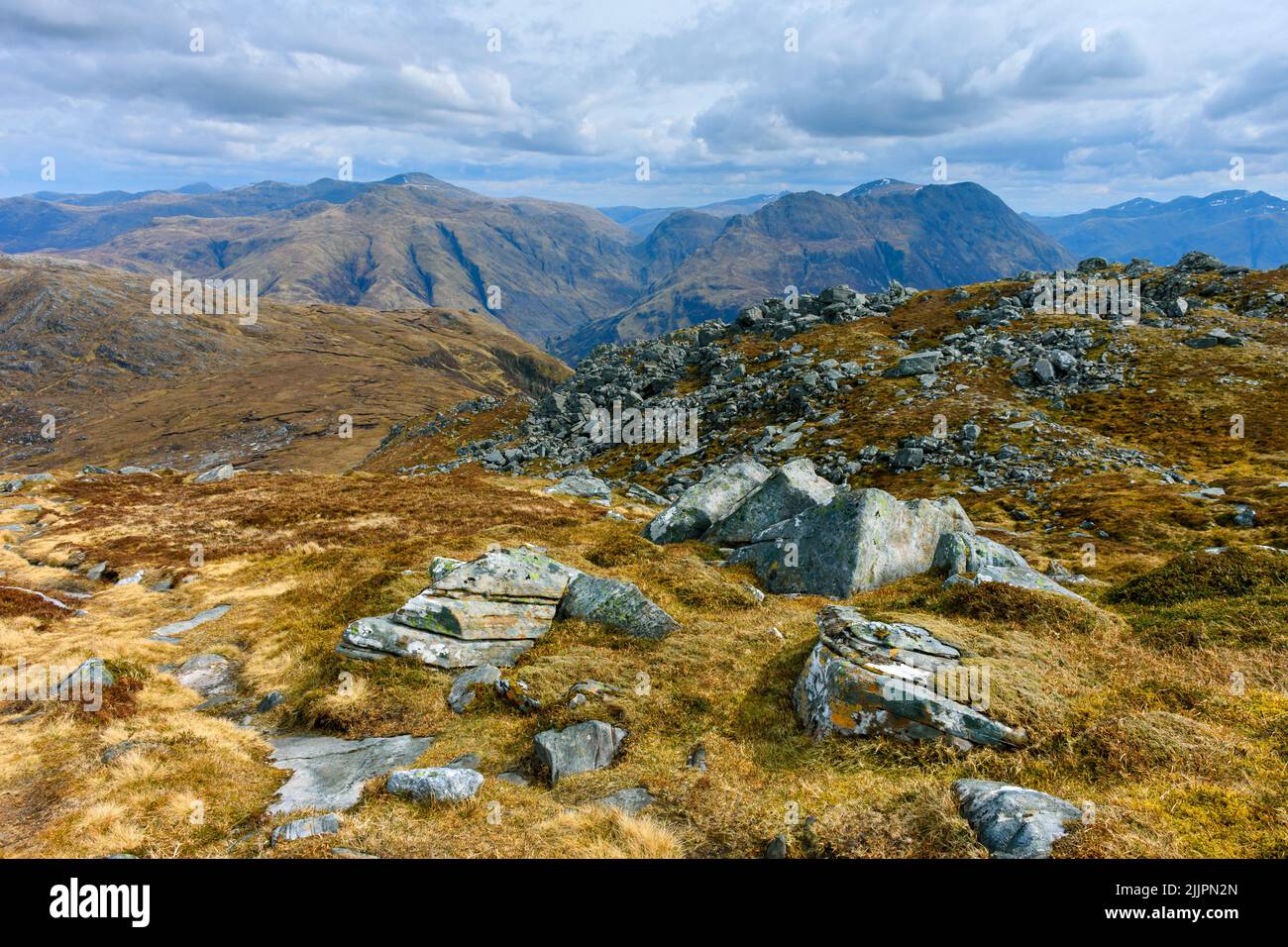 The peaks of Kintail Forest from the summit of Sgurr an Airgid, Kintail, Highland Region, Scotland, UK Stock Photo