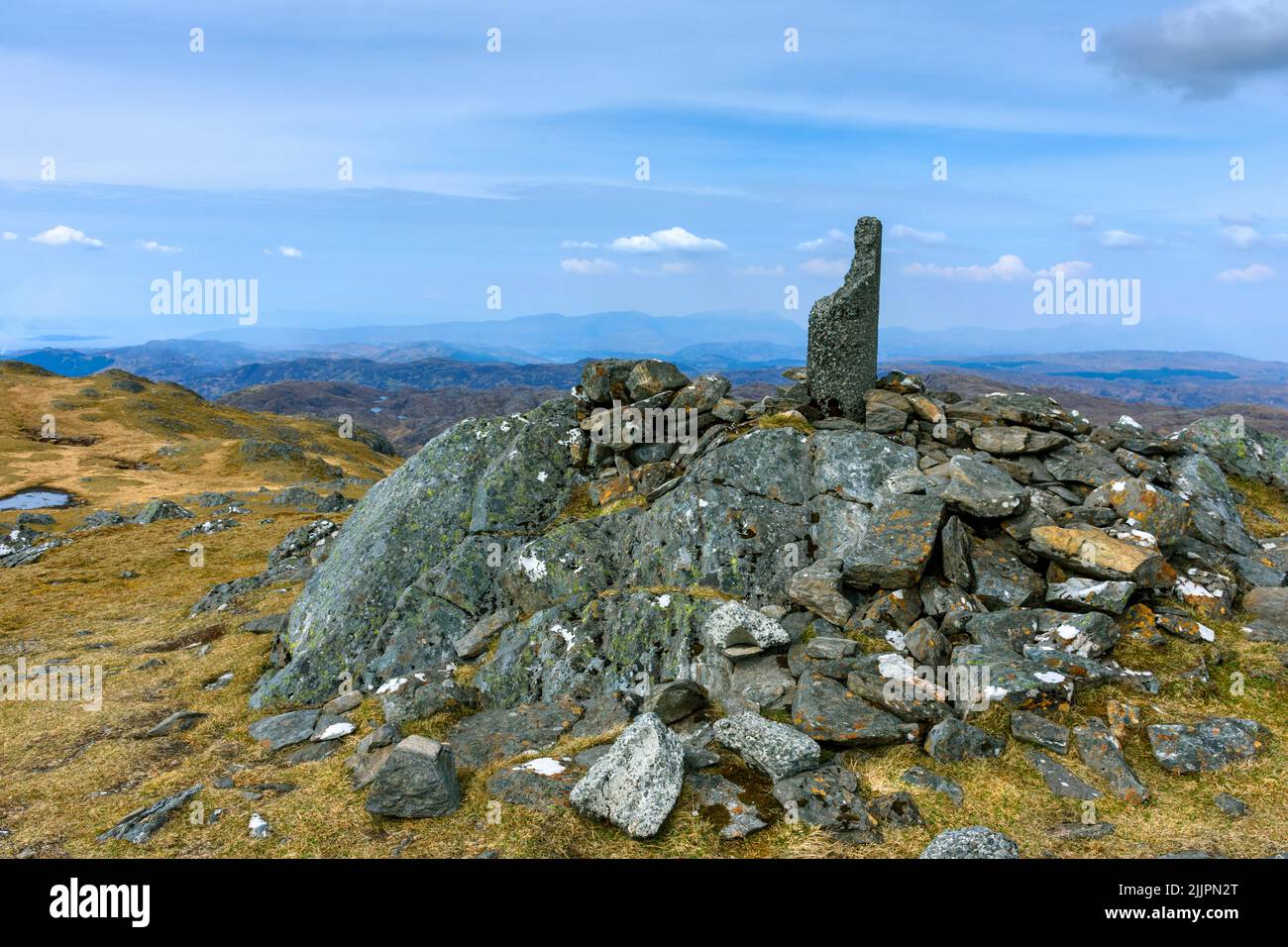 Damaged 'Vanessa' type triangulation pillar at the summit of Sgurr an Airgid, Kintail, Highland Region, Scotland, UK Stock Photo