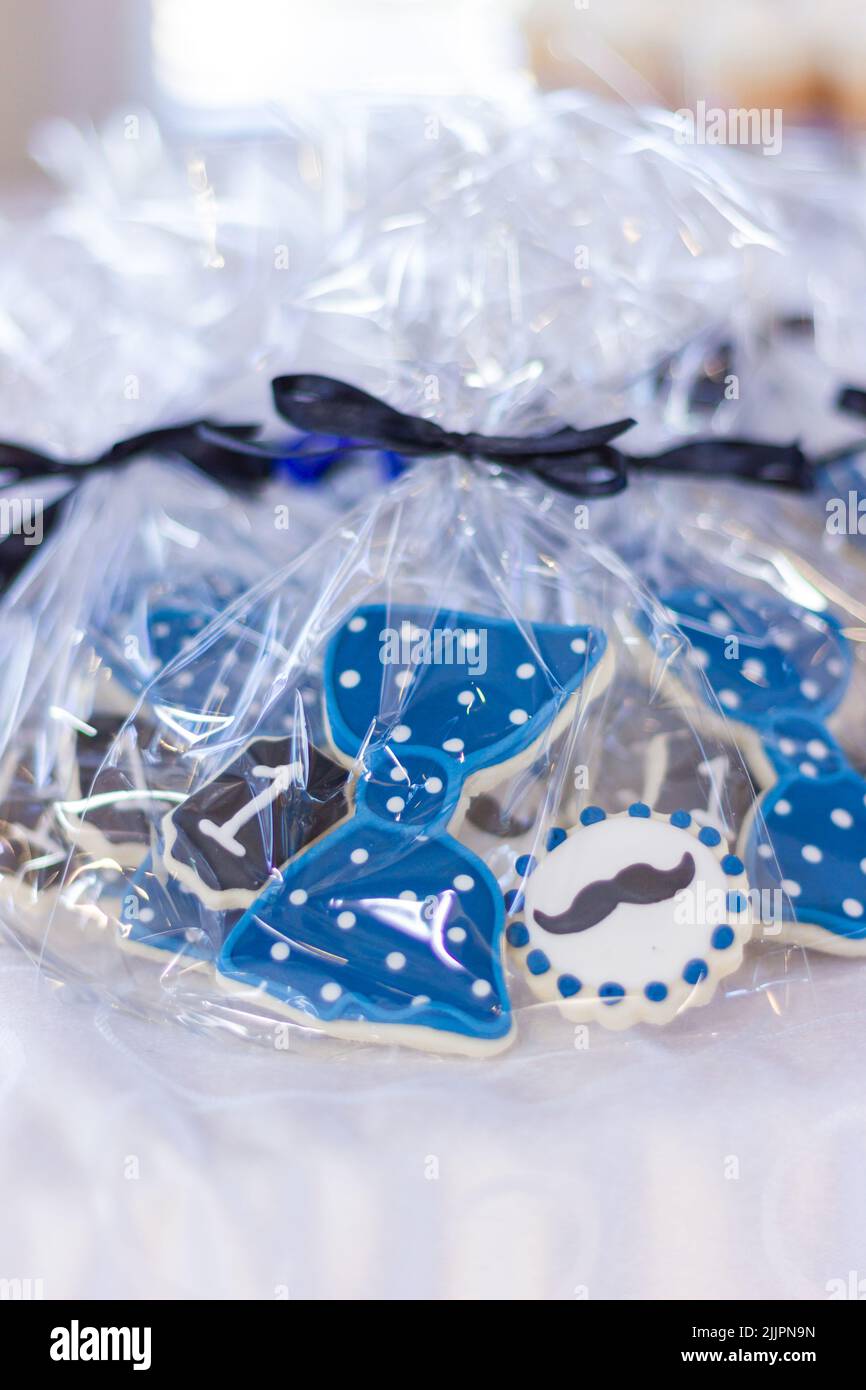 A bunch of decorative cookies for first birthday celebration Stock Photo