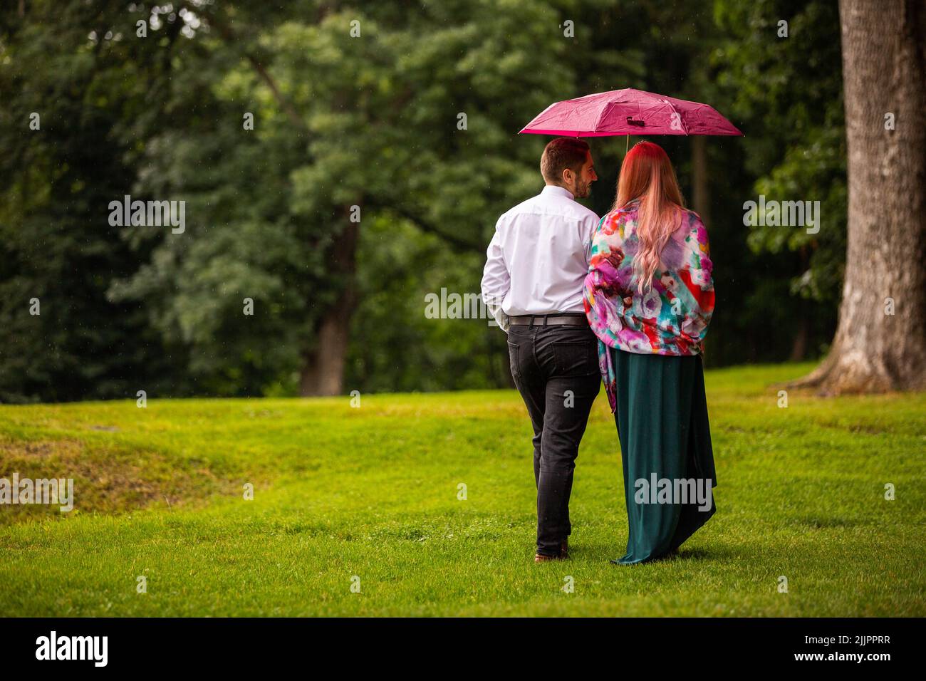 A back view of a couple walking in a park with an umbrella Stock Photo ...