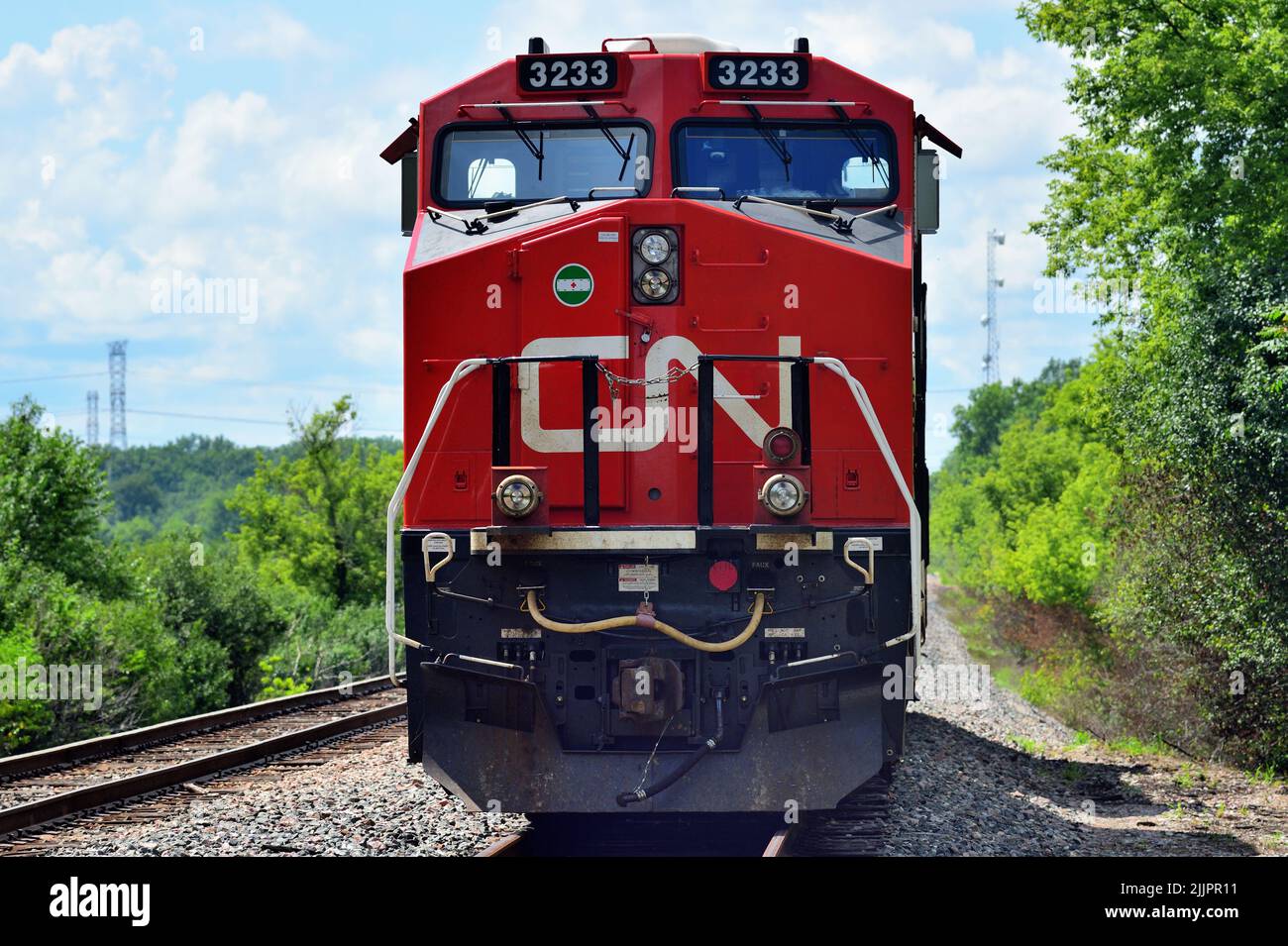 Bartlett, Illinois, USA. Canadian National Railway locomotives, fronted by a specially painted unit honoring veterans, awaiting a crew. Stock Photo