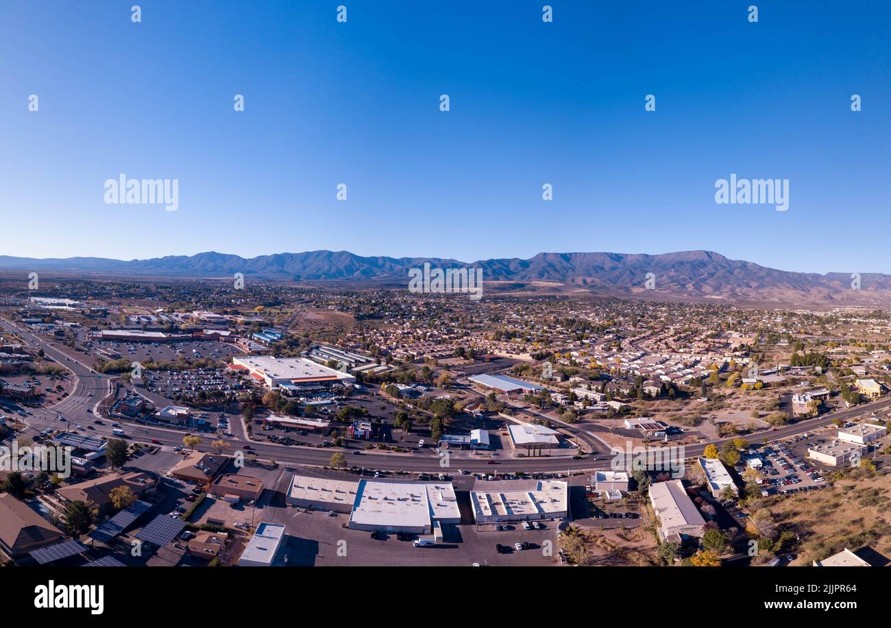 An aerial view of Arizona Mines, Jerome, Cottonwood with Verde River