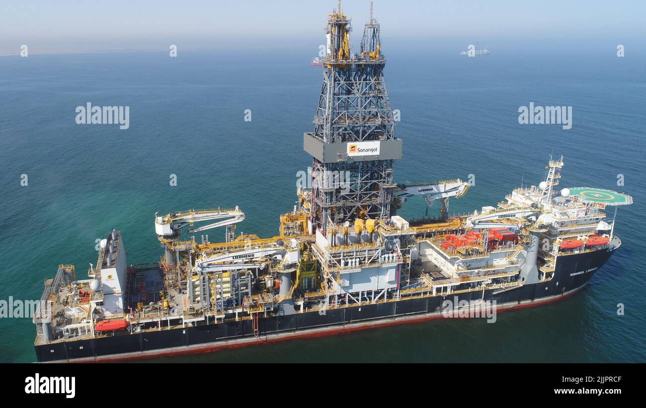 An aerial drone shot of a drill ship near the Walvis Bay, Namibia Stock Photo