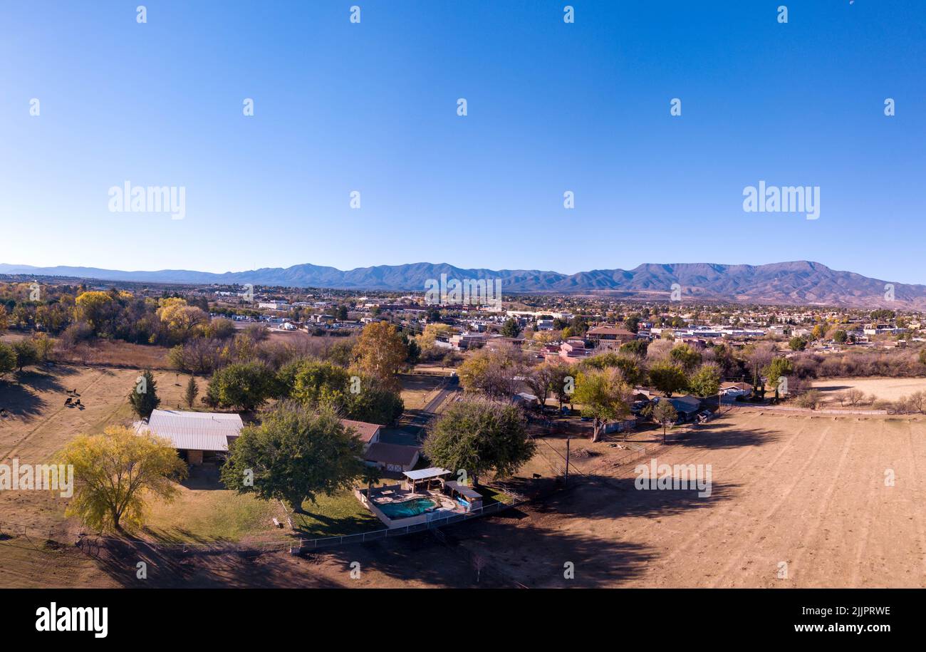 An Aerial view of Jerome, Arizona under a clear cloudless sky Stock