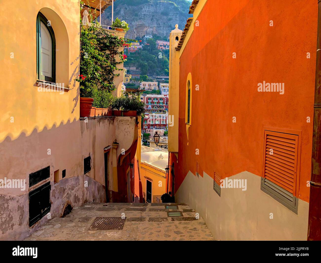 A laneway through the iconic town of Positano, Italy in summer Stock Photo