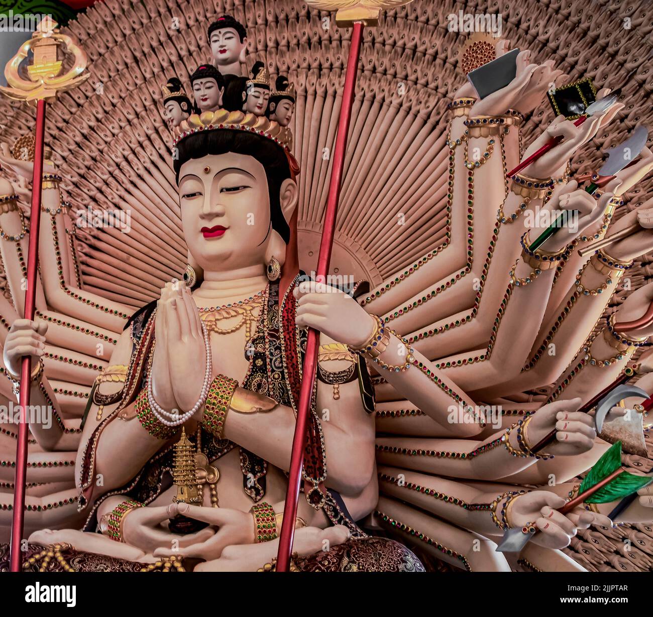 A closeup of a Chinese god statue in a Chinese temple in Sattahip, Chonburi Province, Thailand Stock Photo