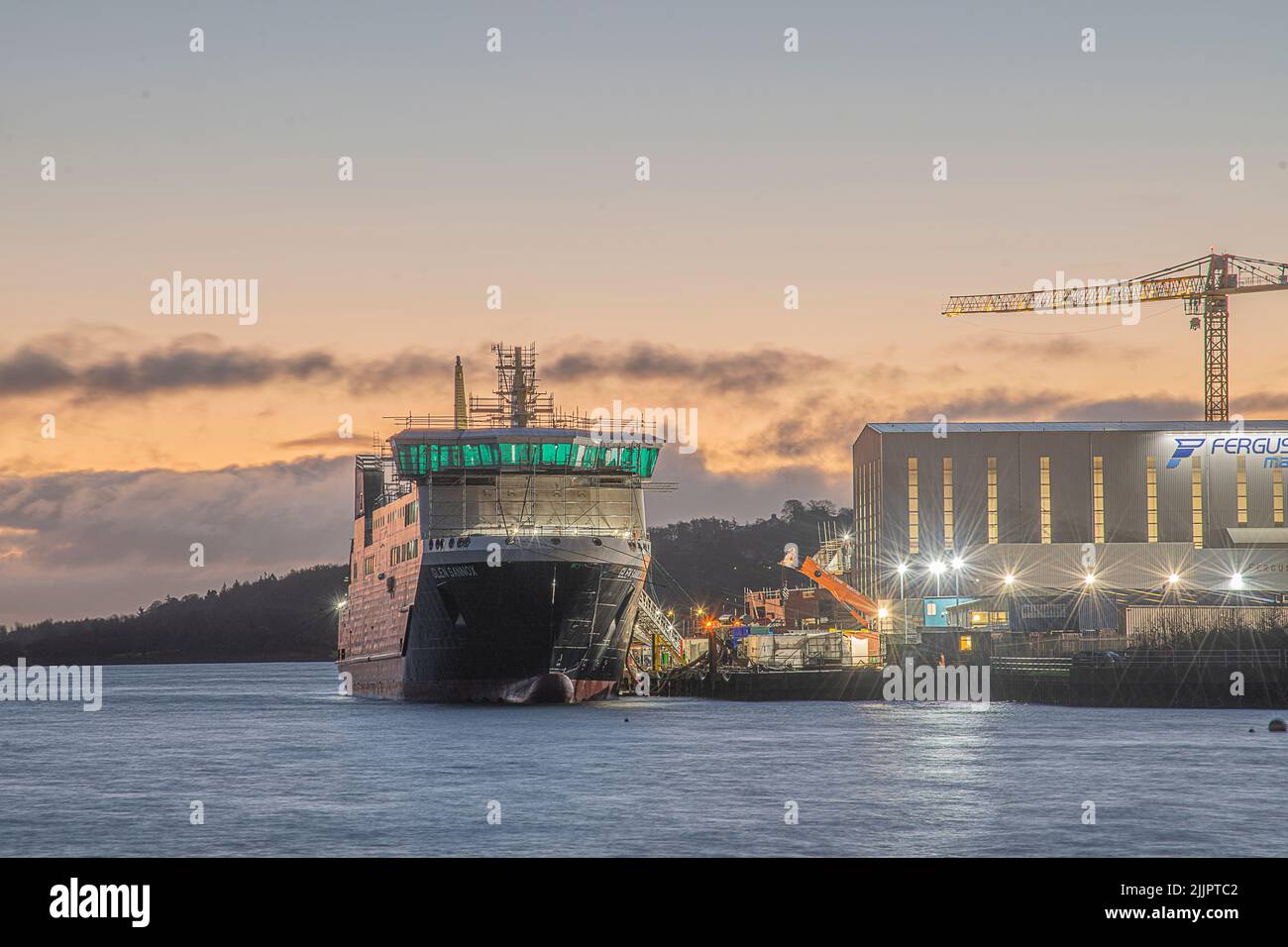 A closeup of a ferry in the Port Glasgow, Inverclyde, Scotland, United Kingdom at twilight Stock Photo
