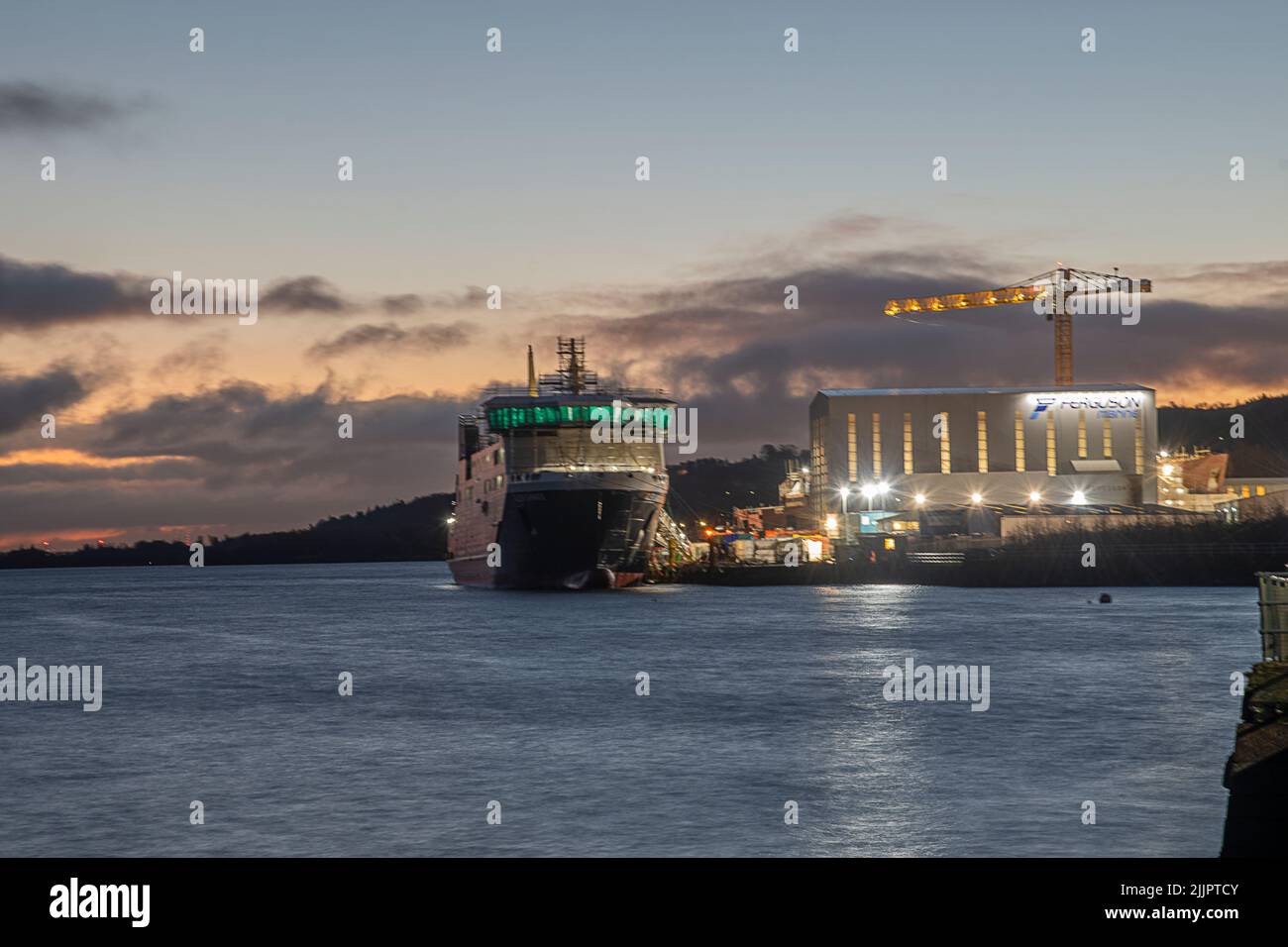 A closeup of a ferry in the Port Glasgow, Inverclyde, Scotland, United Kingdom at twilight Stock Photo