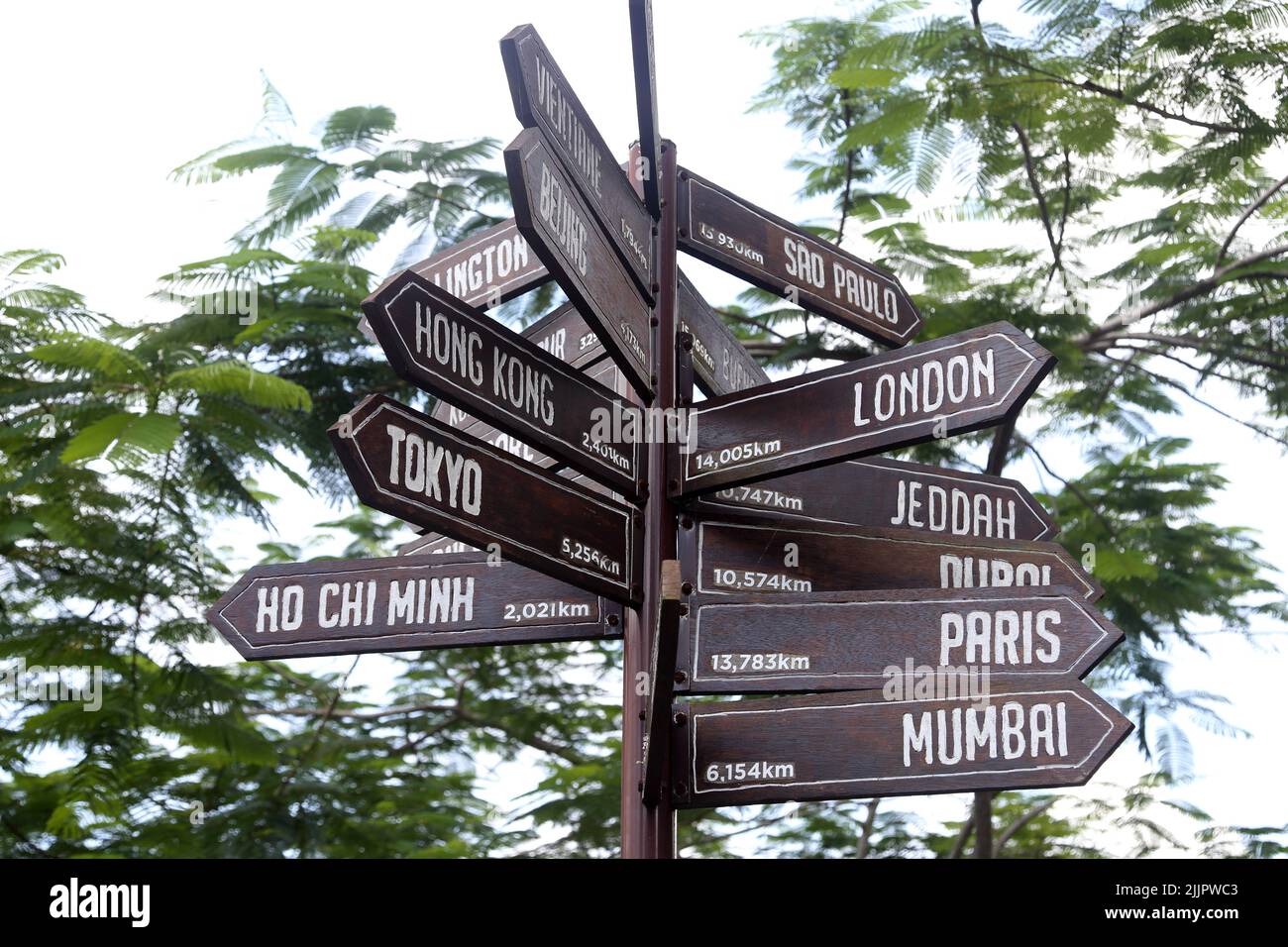 Directional signs to multiple capital cities, Penang Hill, Malaysia Stock Photo
