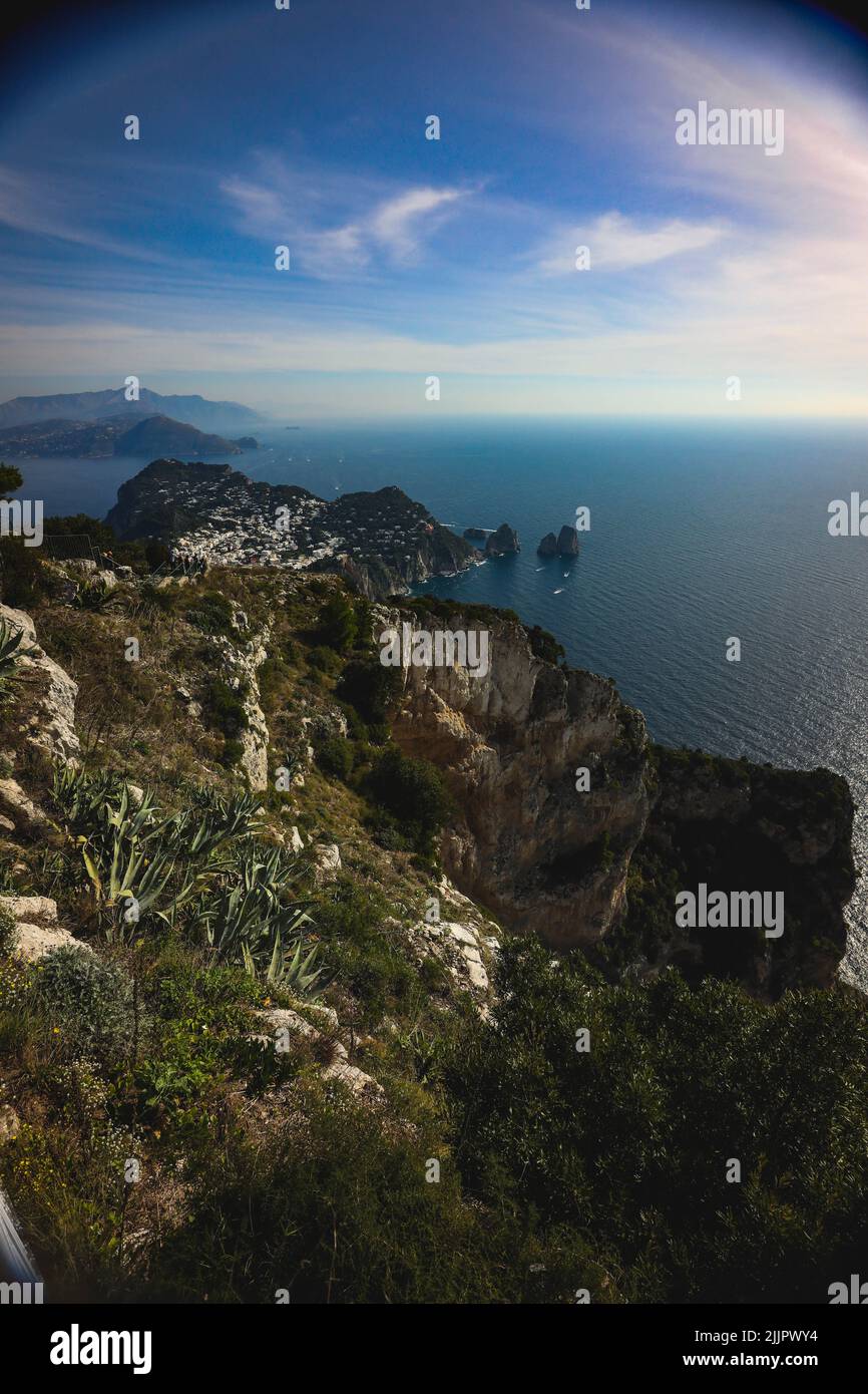 A vertical shot of Capri island and the Tyrrhenian Sea. Italy. Stock Photo