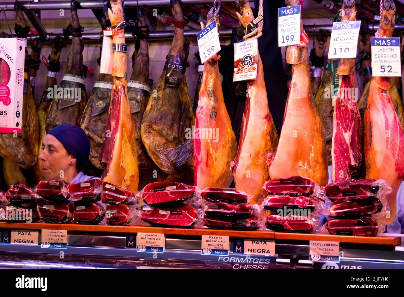 Some cured meats at La Boqueria market in Barcelona Stock Photo