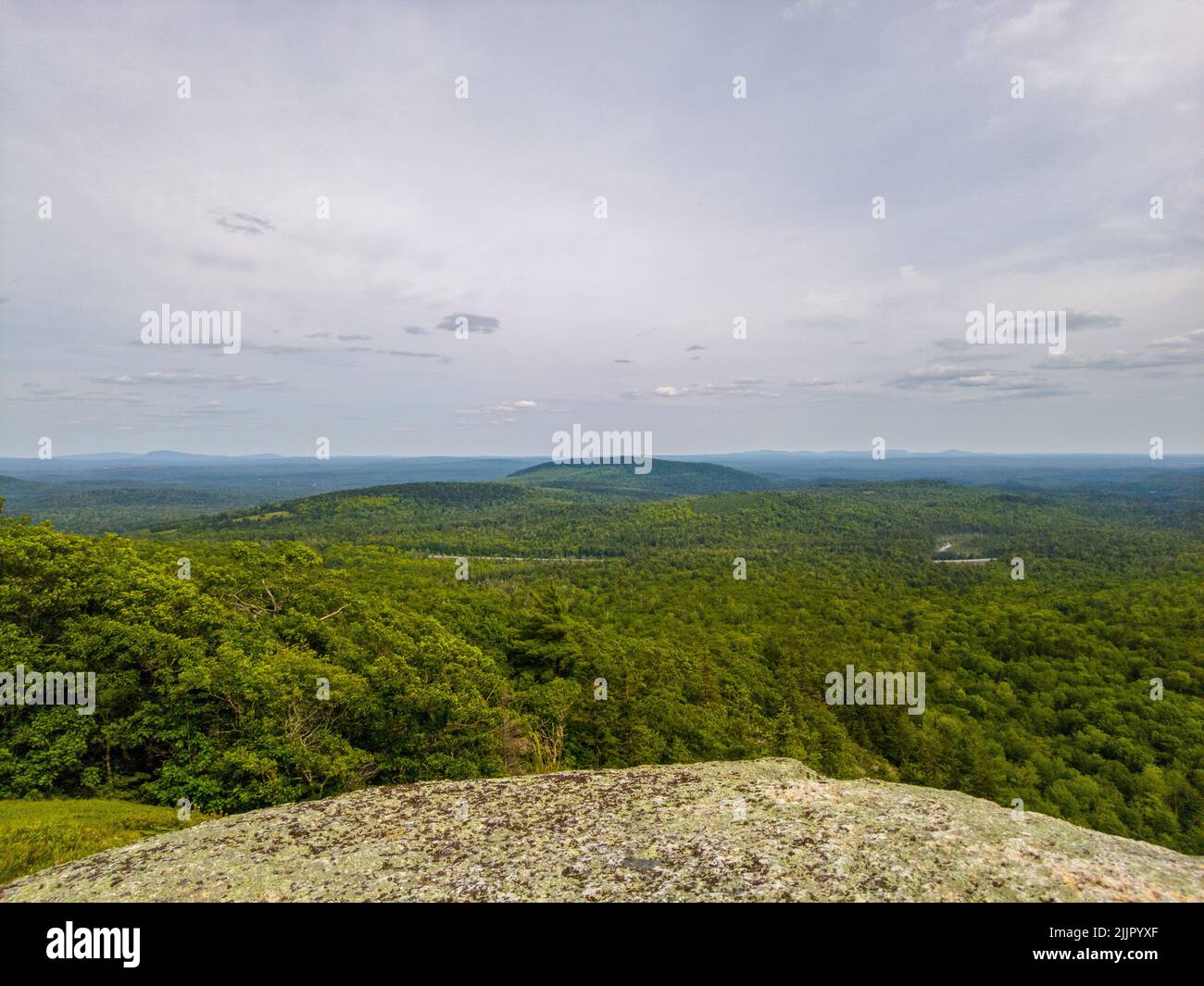 An aerial view of the green Chick Hill summit in Clifton, Maine Stock Photo