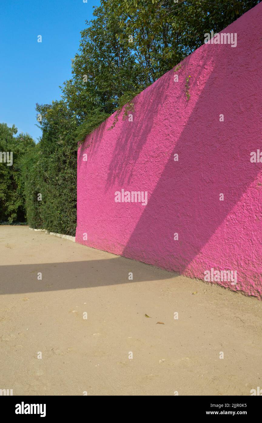 Luis Barragan's Cuadra San Cristobal pink wall, endemic vegetation and sandy ground in the background Stock Photo