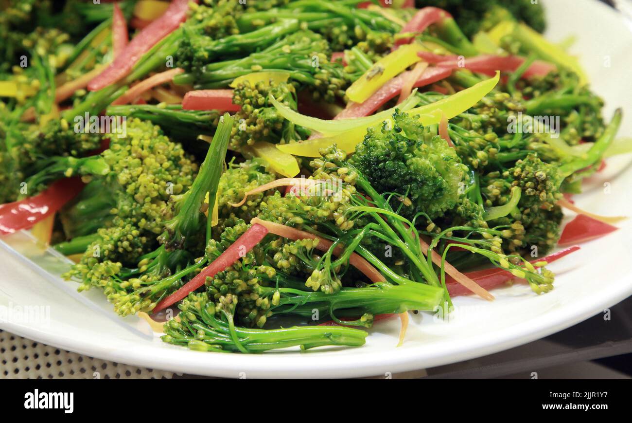 Broccoli salad on the salad bowl. Stock Photo