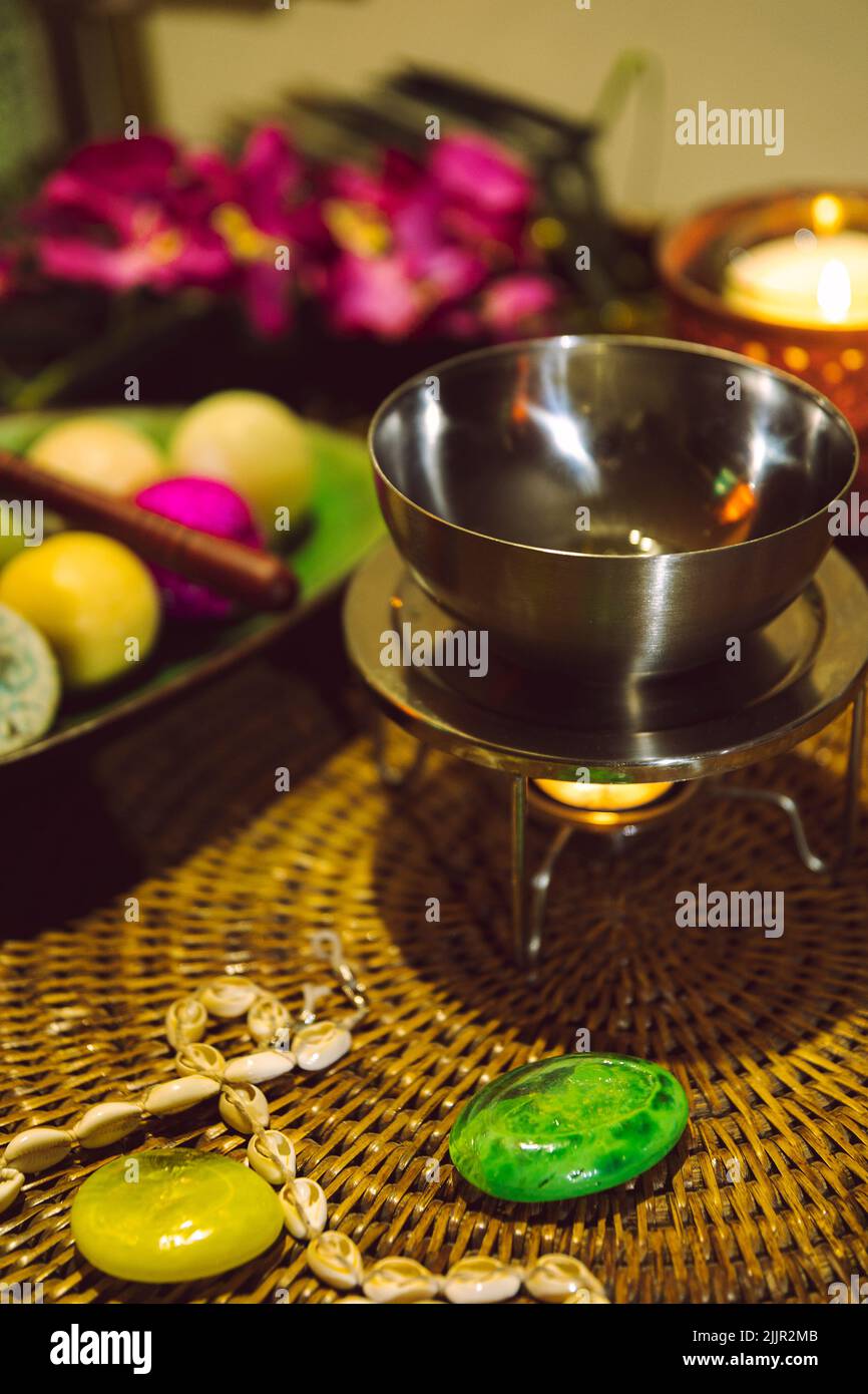 A table with massage utensils Stock Photo