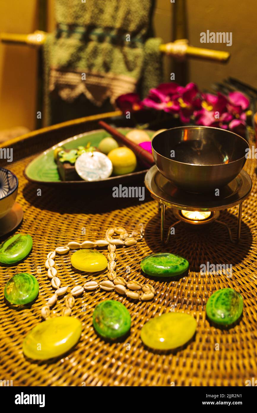A table with massage utensils Stock Photo