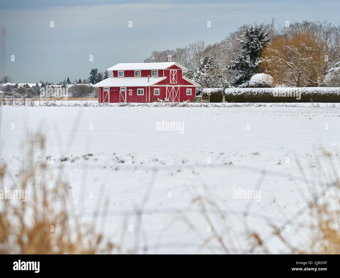 Red Barn in Winter Snow. Fresh winter snow and a red barn on a farm. Stock Photo
