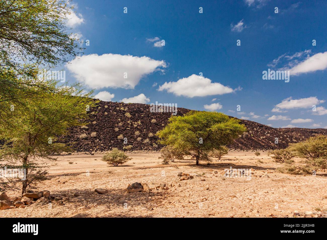Dry Valley created by a black volcanic rock near the Grand Bara Desert ...