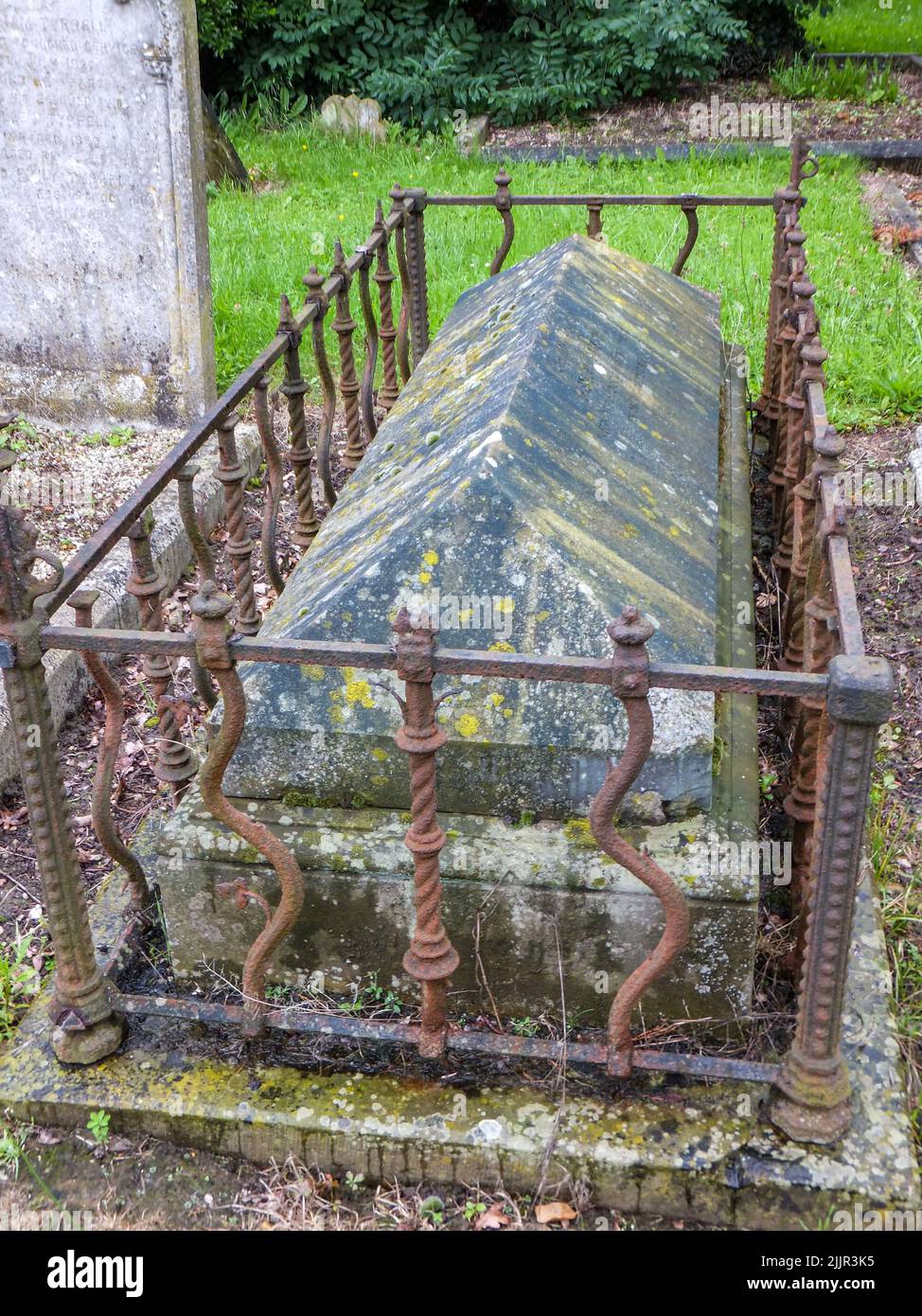 A weathered crypt in the cemetery at St. Mary's Church in Harmondsworth, Hillingdon, Middlesex, London, England, UK. Stock Photo