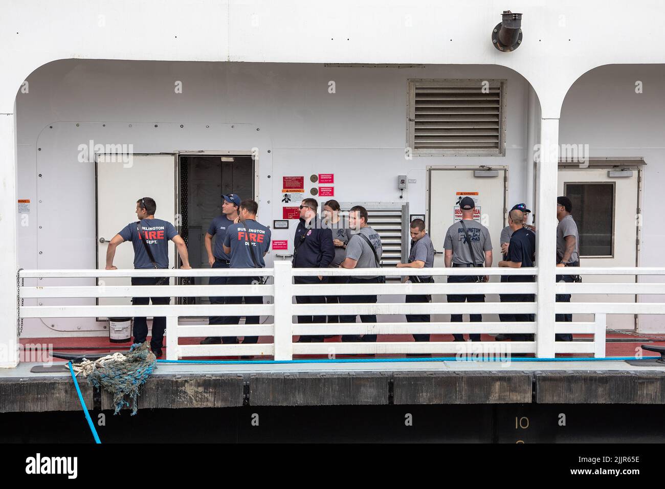 The Burlington Fire Department conducts an inspection of the American Countess riverboat docked