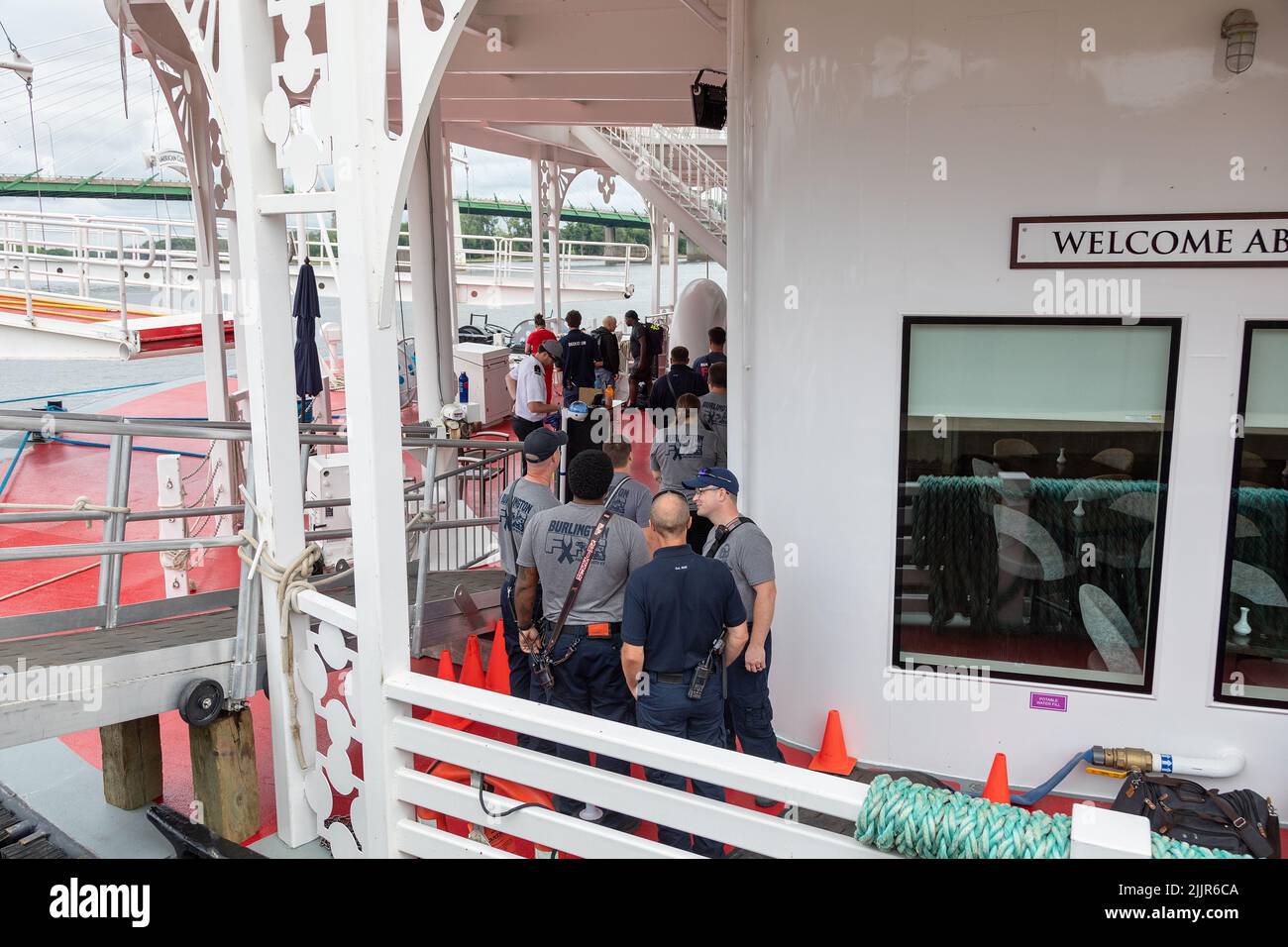 The Burlington Fire Department conducts an inspection of the American Countess riverboat docked