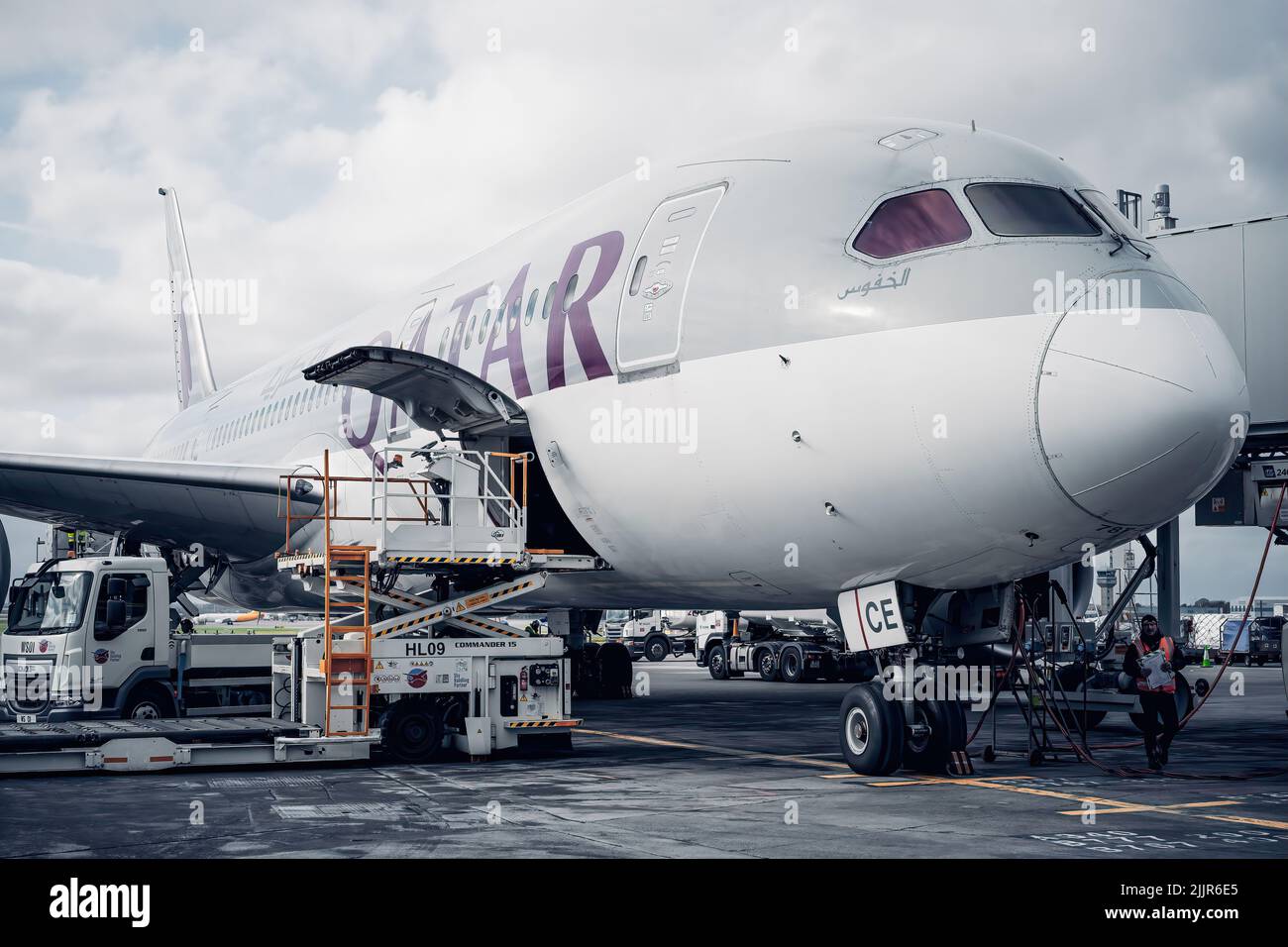 A closeup shot of a Qatar Airways Boeing 787 Dreamliner at the Dublin Airport Stock Photo