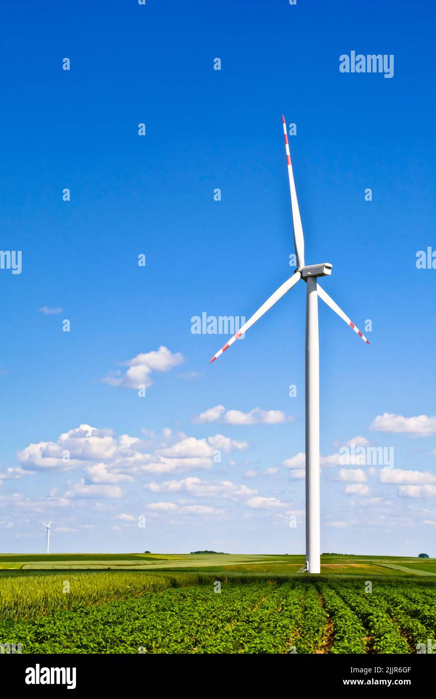 A wind turbines and green field on sunny day Stock Photo - Alamy