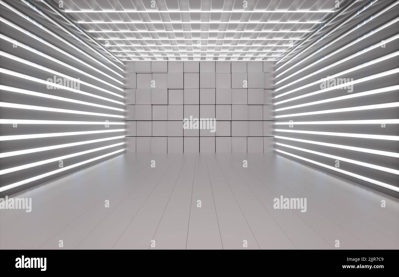 Randomly arranged cubes and neon lines in the white room, 3d rendering ...