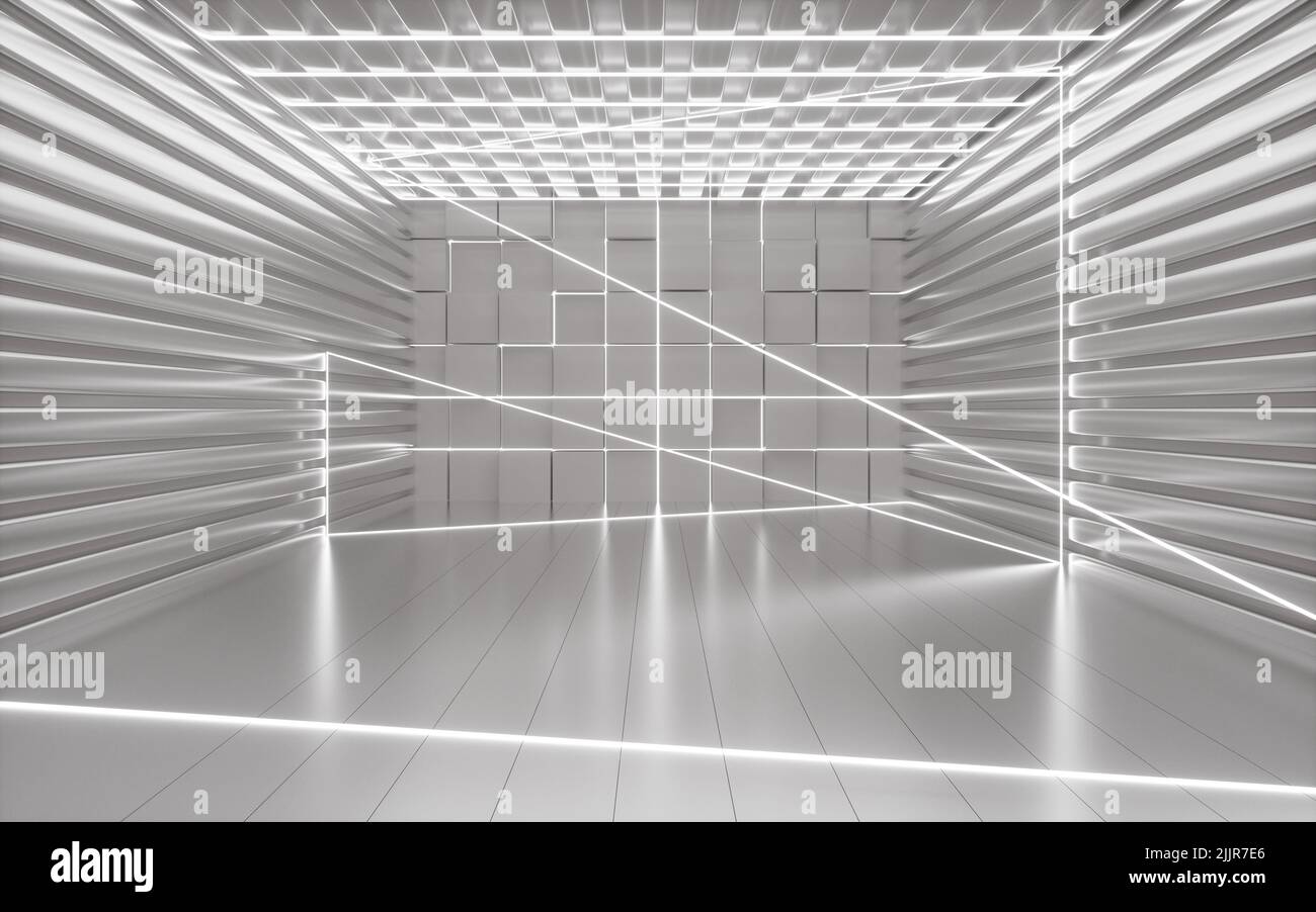 Randomly arranged cubes and neon lines in the white room, 3d rendering ...