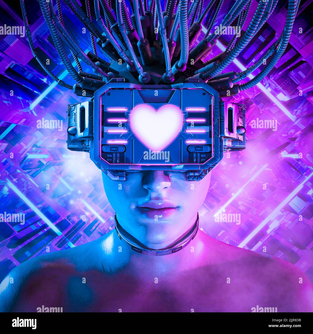 Cyberpunk valentine - 3D illustration of beautiful science fiction female character wearing futuristic virtual reality glasses with heart shaped scree Stock Photo