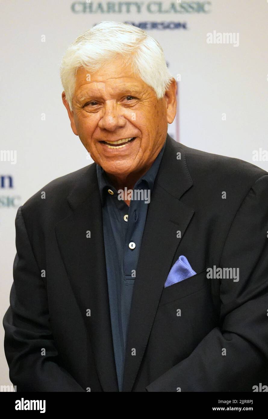 Jenning, United States. 27th July, 2022. Former PGA golfer Lee Trevino talks with reporters during the Ascension Charity Classic Legends Luncheon, at Norwood Hills Country Club in Jennings, Missouri on July 27, 2022. The Ascension Charity Classic is an official PGA TOUR Champions event to be played in September.The 54-hole stroke play golf tournament features 81 PGA TOUR Champions professionals competing for a $2 million purse at Norwood Hills Country Club in St. Louis. Photo by Bill Greenblatt/UPI Credit: UPI/Alamy Live News Stock Photo