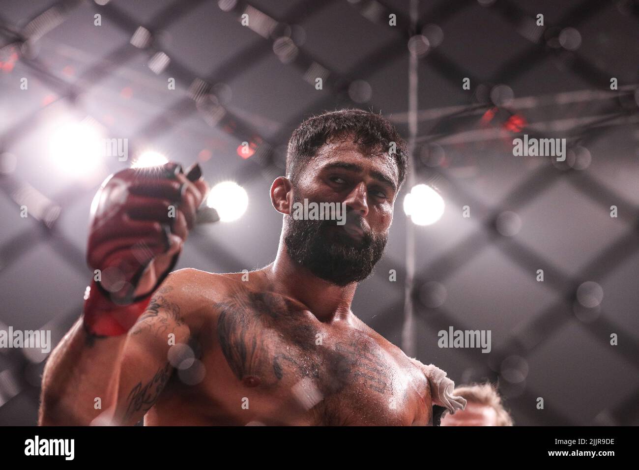 Roman Faraldo reacts to the crowd at Bellator 283. Roman Faraldo wins by knock out in the first round from the Emerald Queen Casino in Tacoma, Washing Stock Photo