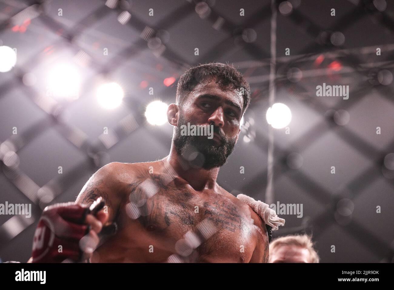 Roman Faraldo reacts to the crowd at Bellator 283. Roman Faraldo wins by knock out in the first round from the Emerald Queen Casino in Tacoma, Washing Stock Photo