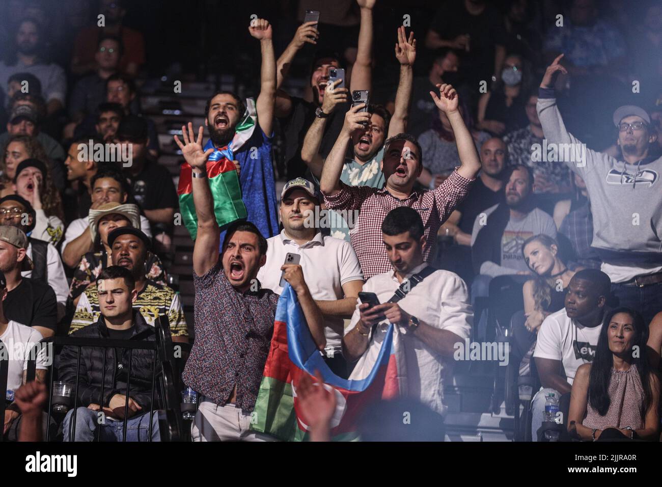 Fans react to Tofiq Musayev’s defeating of Sidney Outlaw by way of knock out in the first round of their fight at Bellator 283 from the Emerald Queen Stock Photo