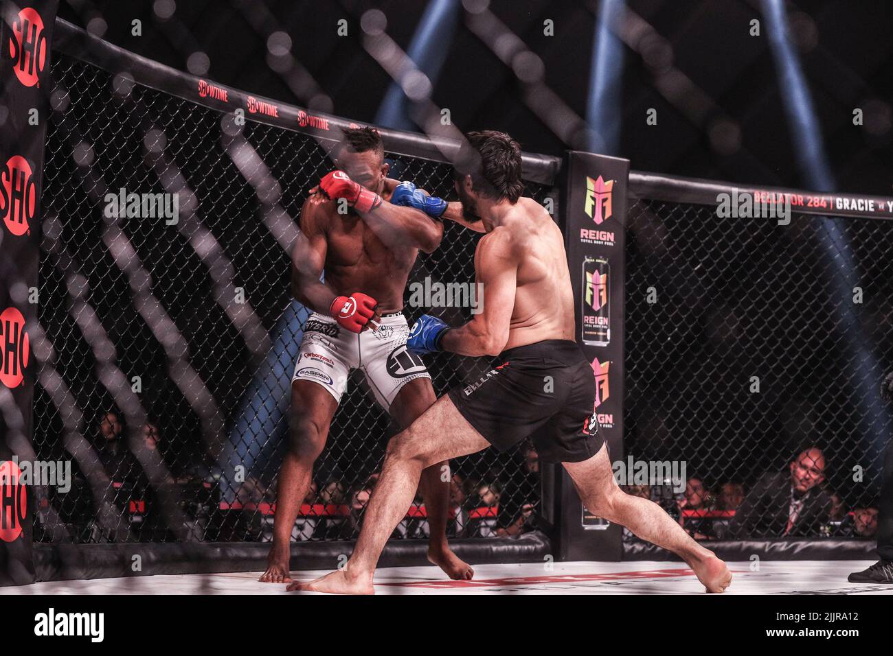 Sidney Outlaw dazed after a big overhand right from Tofiq Musayev at Bellator 283. Tofiq Musayev wins by way of Knock Out in the first round from the Stock Photo