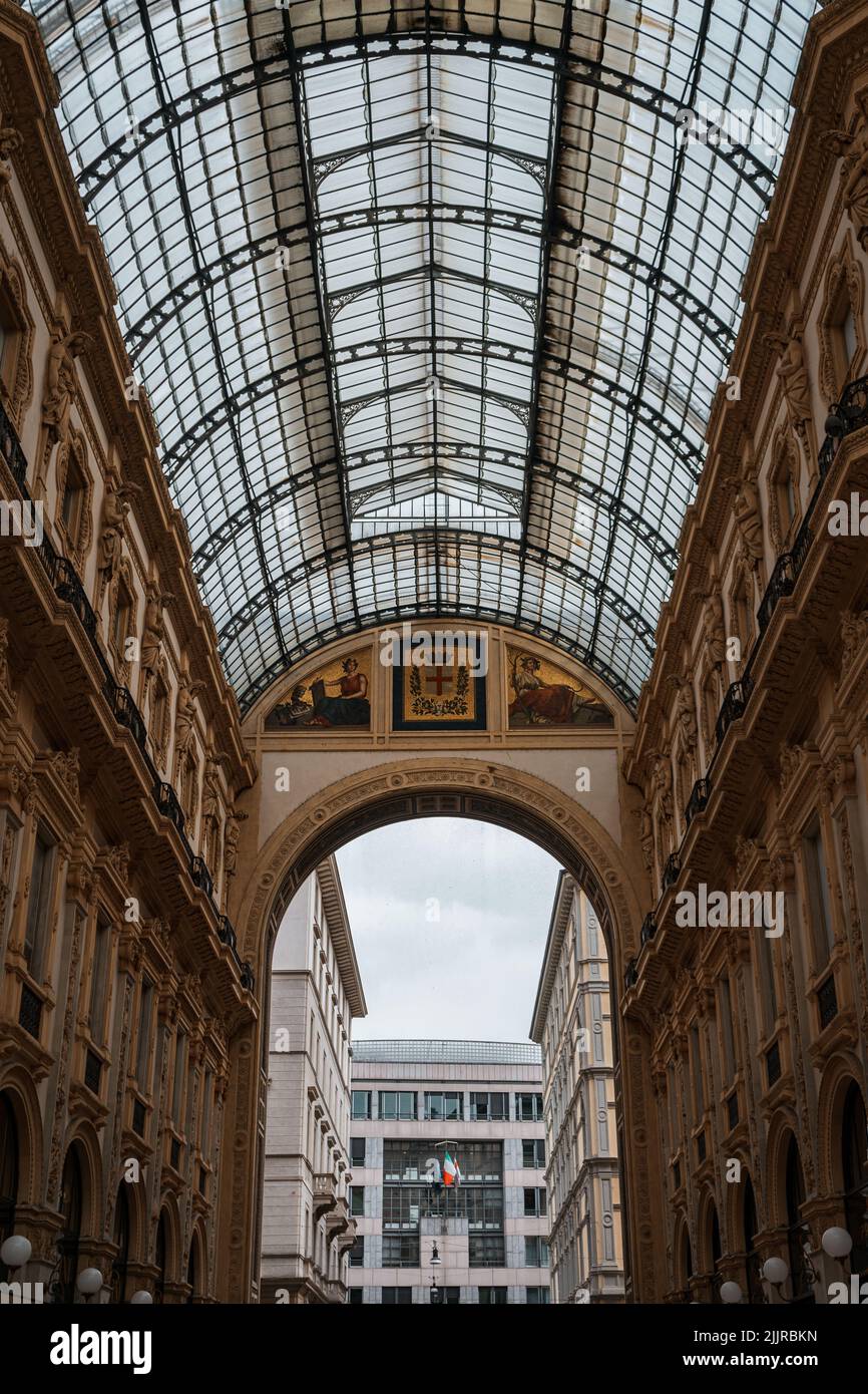 A low angle shot of the Galleria Vittorio Emanuele glass ceiling Stock
