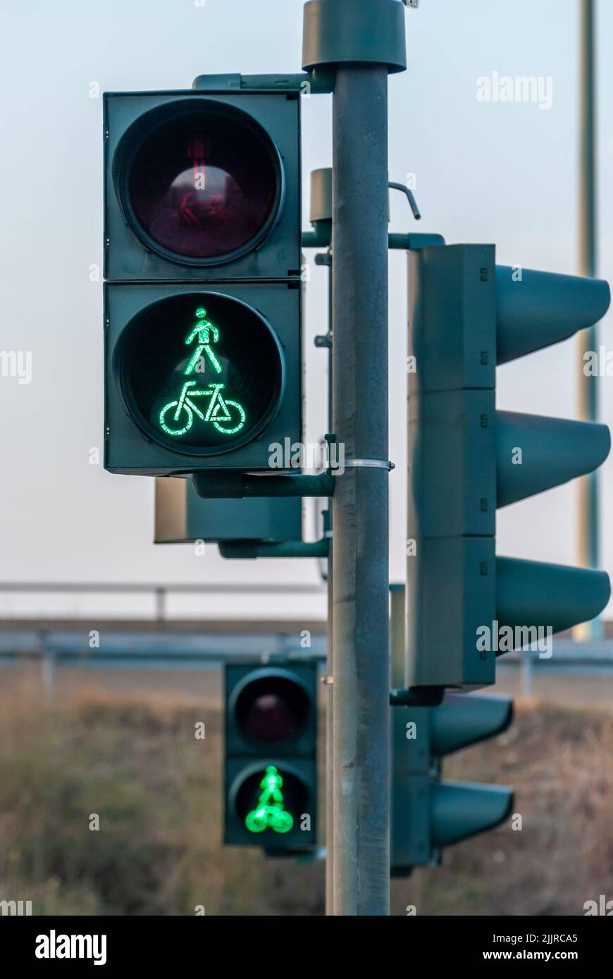 A green traffic sign lights for bikes and people Stock Photo Alamy
