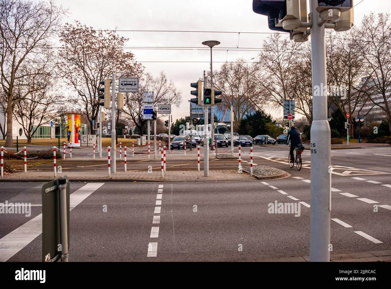 A street with traffic next to Planetarium Mannheim, Germany Stock Photo