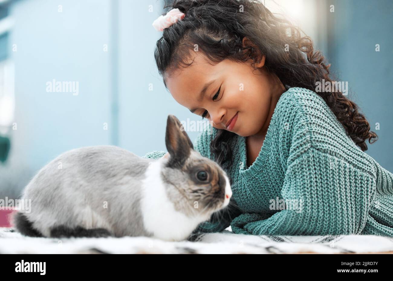 Spending time with my favourite pet. an adorable little girl bonding with her pet rabbit at home. Stock Photo